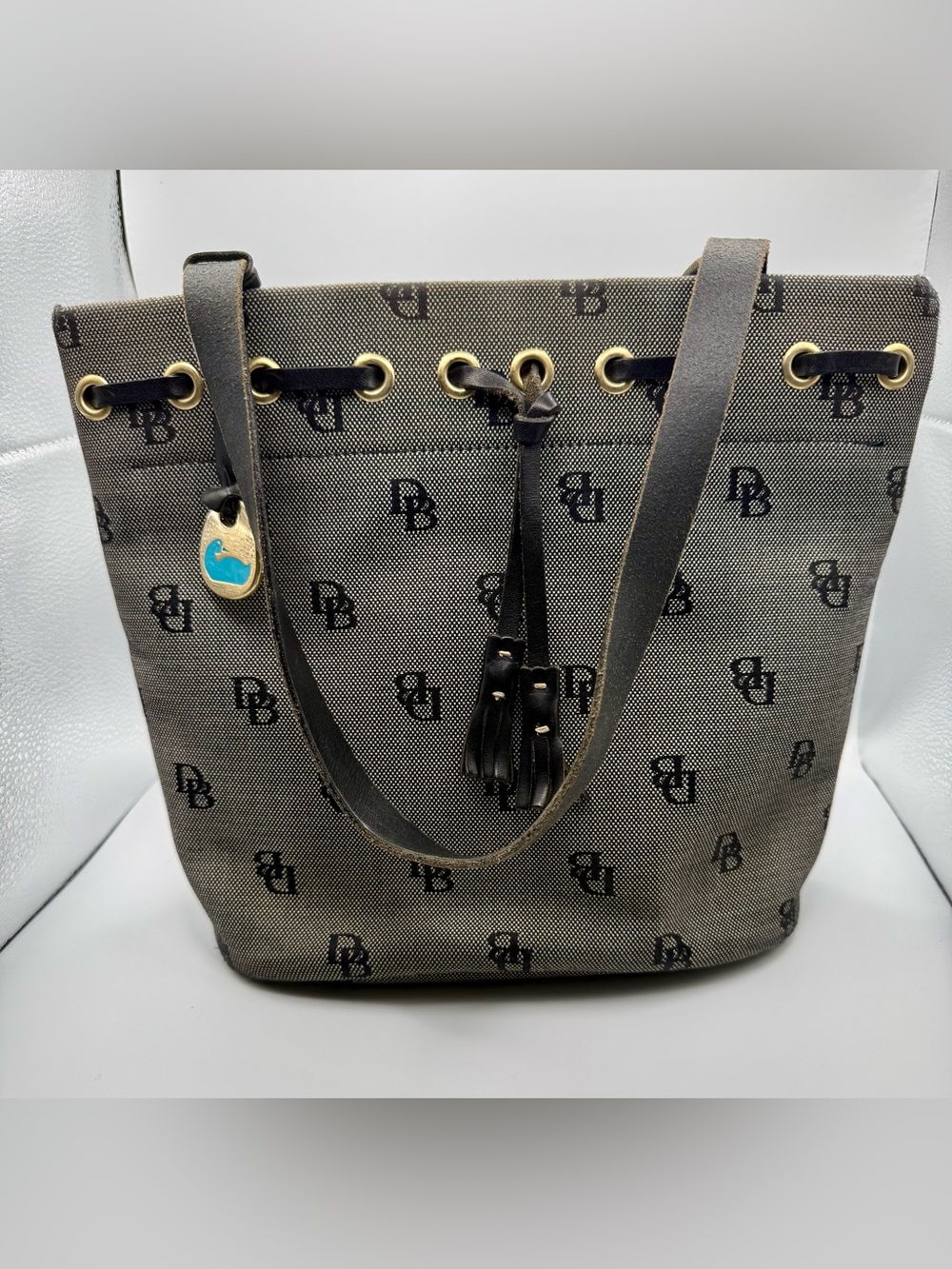 VTG Dooney & Bourke Signature Monogram Drawstring Tassel Tote Bag-Black/Gray-EUC